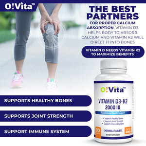 O!VITA Vitamin D3 + K2 2000IU  90 Vegan Chewable Tablets